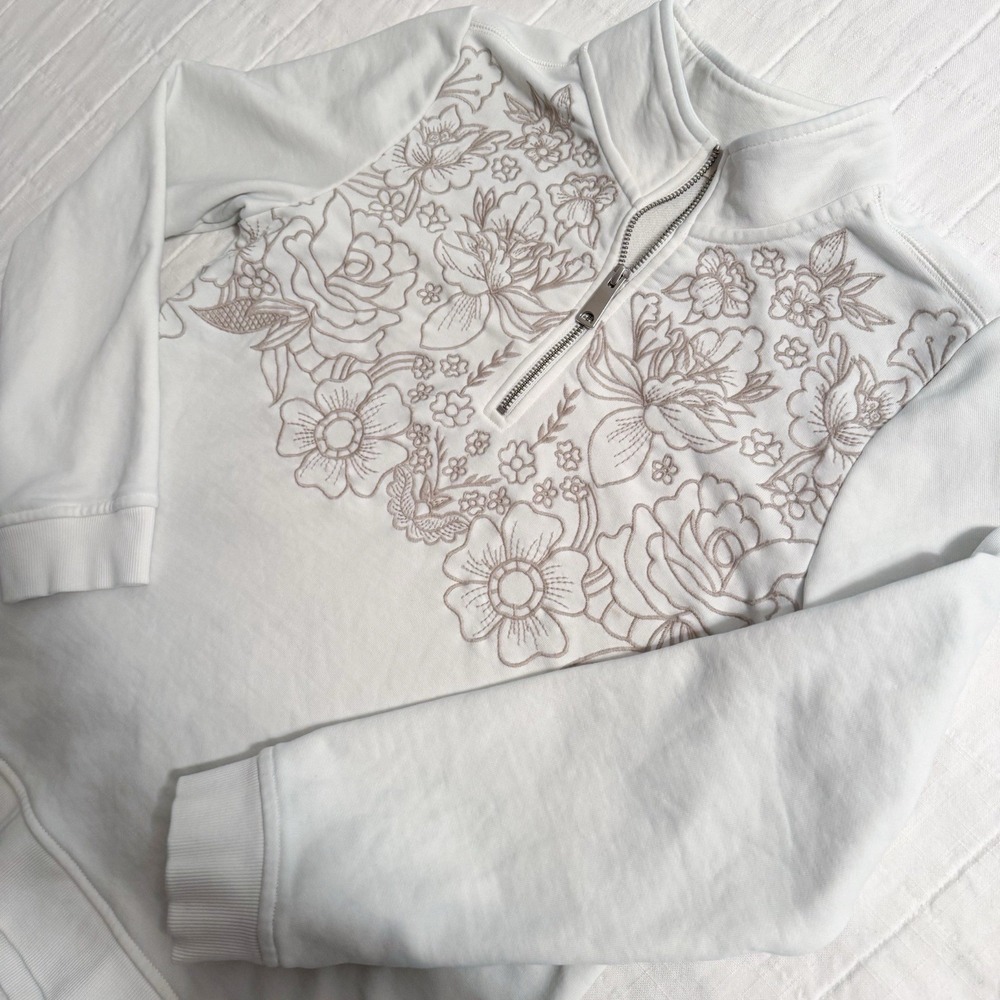 Soft Surroundings Women's Quarter Zip Pullover SMALL‎ Floral Embroidery Ivory - Picture 2 of 10